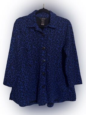 Ali Miles Size X-Small Blue Black Animal Print Button Up Tunic Top Artsy Boho